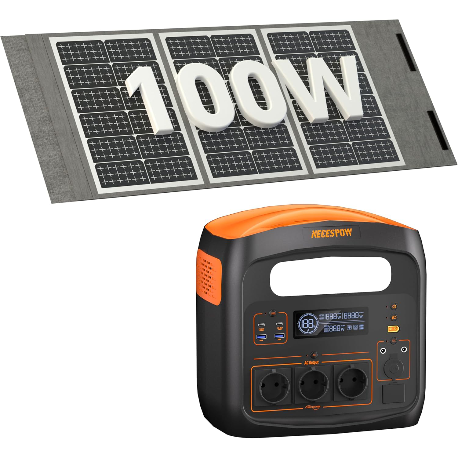 NECESPOW 1800W Portable Power Station with 100W Foldable Solar Panel on white background