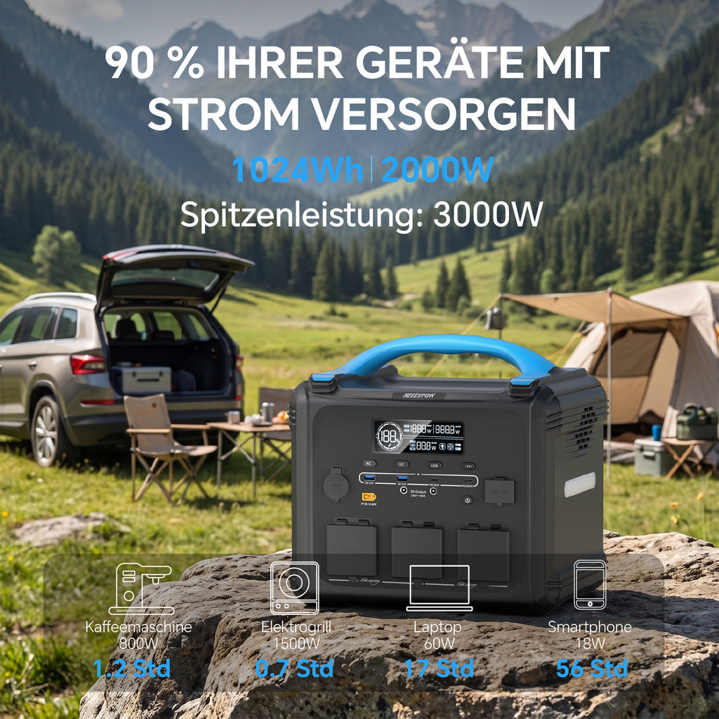 NECESPOW 1024Wh LiFePO4 Power Station in an outdoor campsite setting