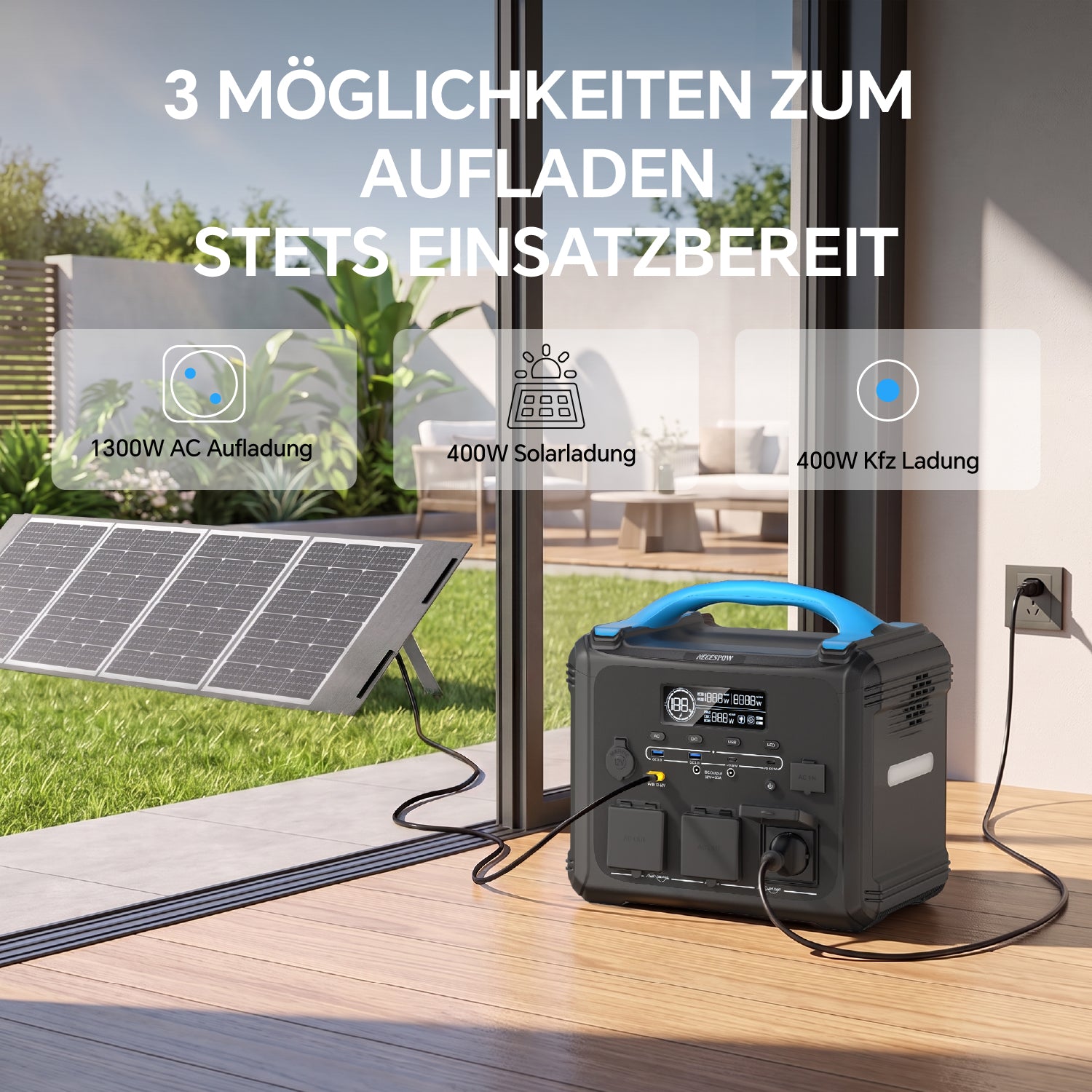 NECESPOW 2000W Portable Power Station with a foldable solar panel array on a patio
