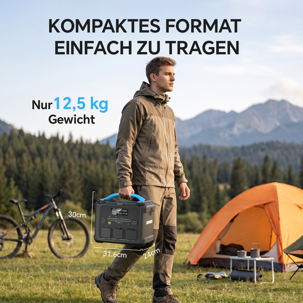 Person carrying the NECESPOW 2000W LiFePO4 Portable Power Station while camping