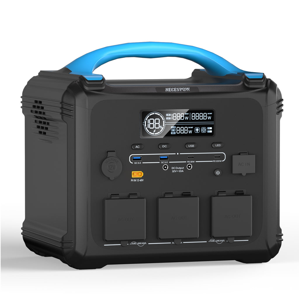 NECESPOW 2000W Portable Power Station with blue handle against a professional white background