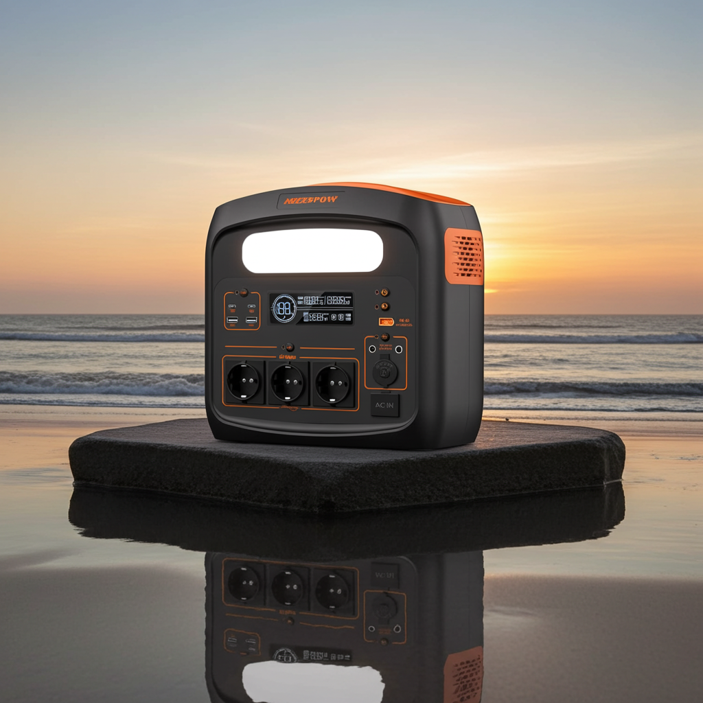 NECESPOW Portable Power Station on beach rock at sunset