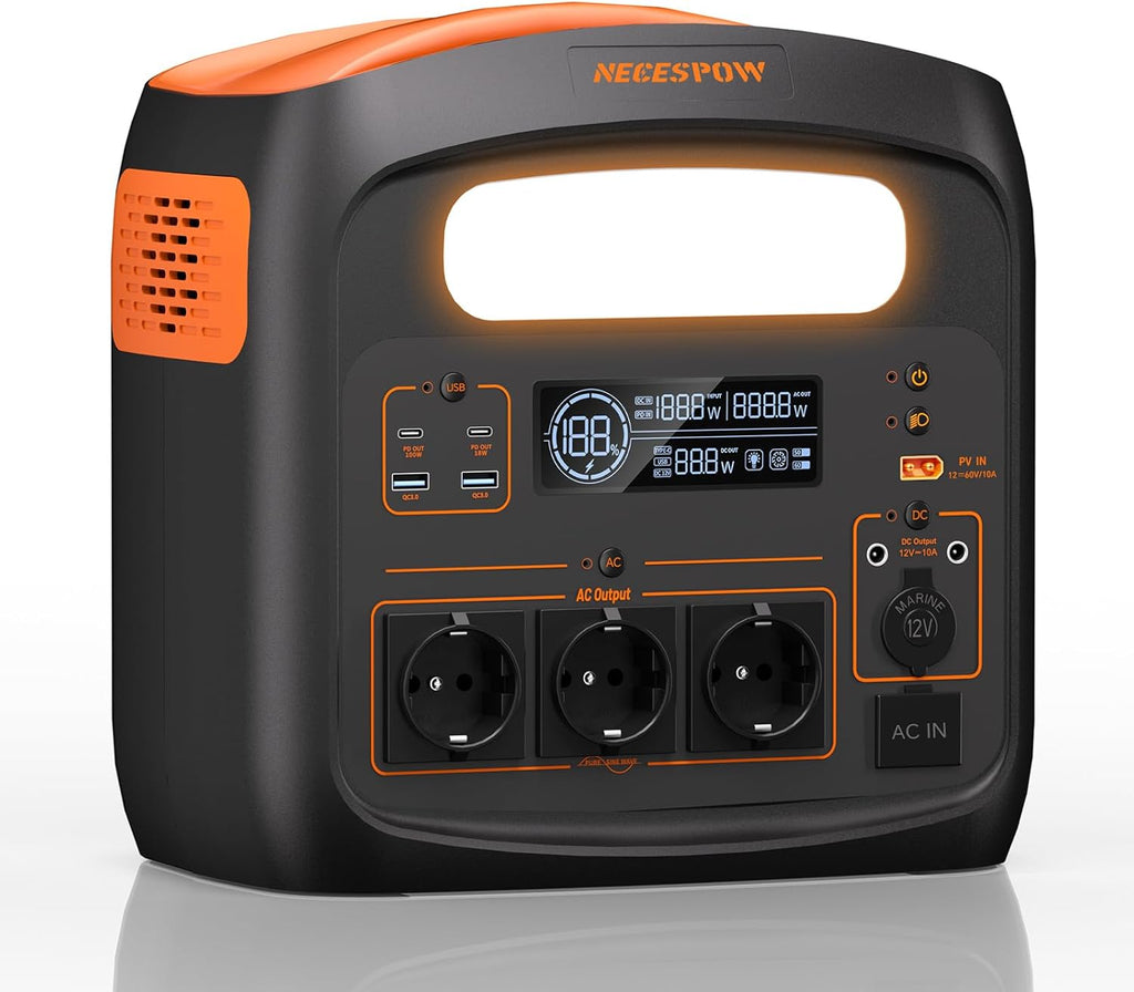 Portable Power Station 1800W (3600W Peak Power), 1102.5 Wh LiMnFePO4 Battery, Quick Charge in 65 Minutes, PD 100 W, USB-C/AC/DC, Solar Charging, for Camping, Emergency Power, Outdoor (Orange + Black)