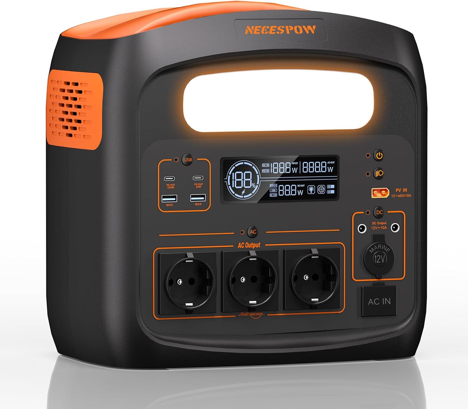 Portable Power Station 1800W (3600W Peak Power), 1102.5 Wh LiMnFePO4 Battery, Quick Charge in 65 Minutes, PD 100 W, USB-C/AC/DC, Solar Charging, for Camping, Emergency Power, Outdoor (Orange + Black)