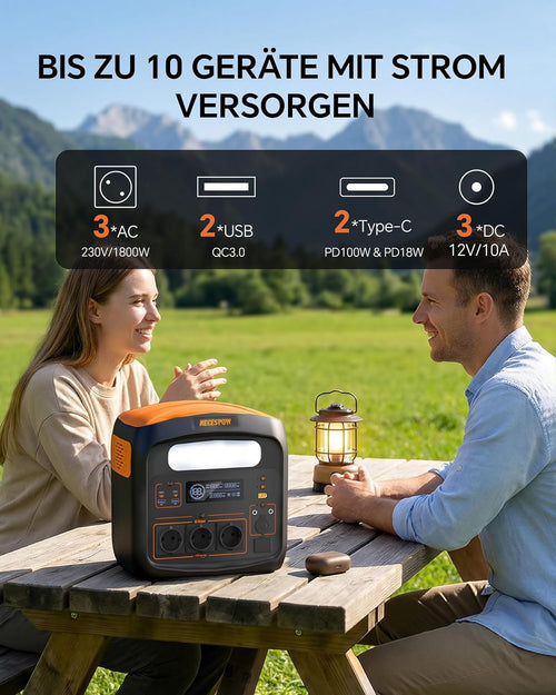NECESPOW Portable Power Station on wooden table during outdoor camping