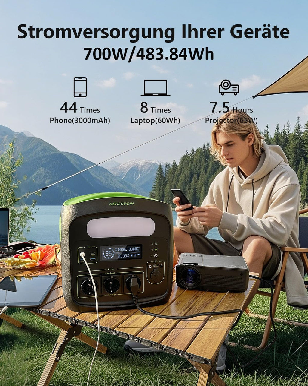 Portable Power Station N7576 700W (Peak 1400W) 483.84Wh AC Sockets x 3, Power Station LiFePO4 Battery Pure Sine Wave, USB-C PD100W Output, Solar Generator for Camping Home CPAP