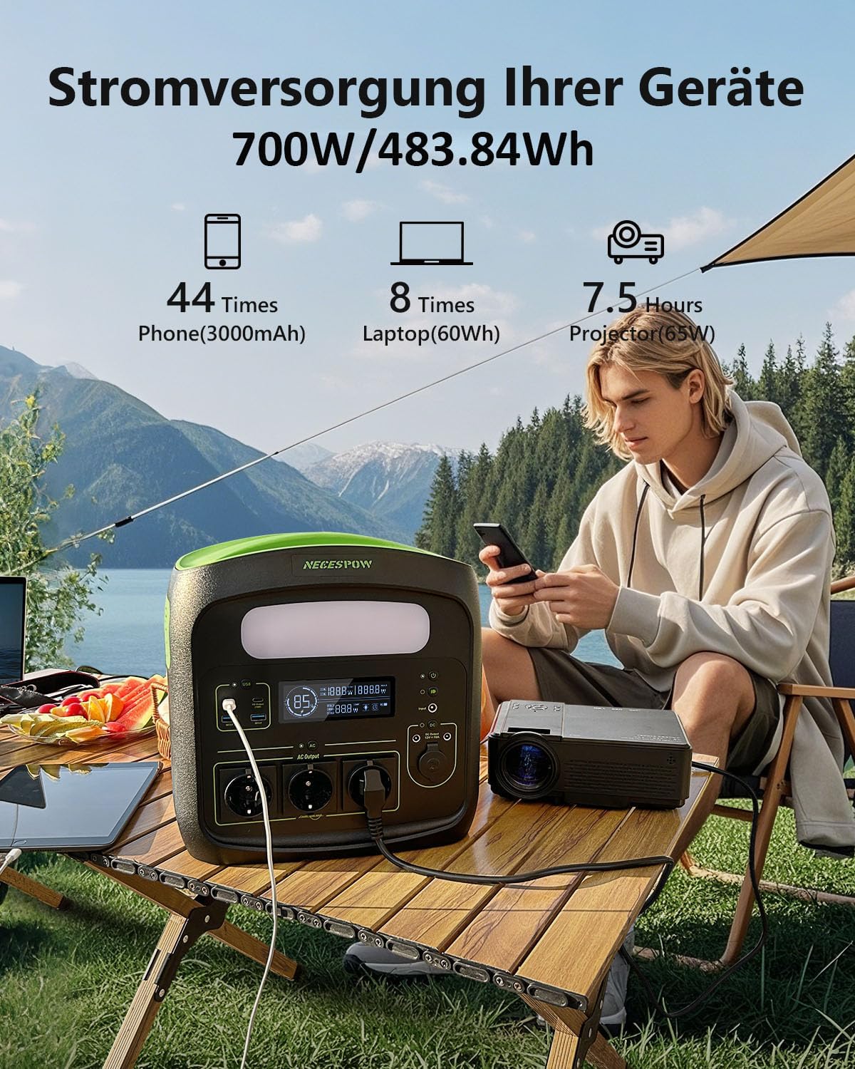 Portable Power Station N7576 700W (Peak 1400W) 483.84Wh AC Sockets x 3, Power Station LiFePO4 Battery Pure Sine Wave, USB-C PD100W Output, Solar Generator for Camping Home CPAP